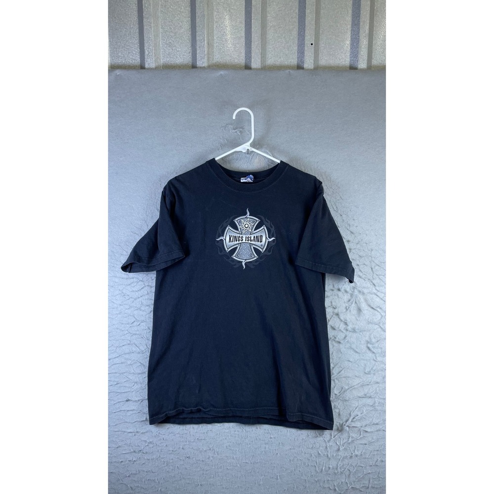 Kings Island Graphic T-Shirt Mens M Black Good Short Sleeve Cross Flame Souvenir
